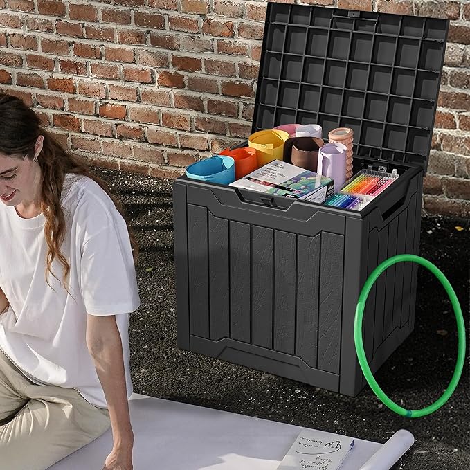 DWVO 30 Gallon Deck Box Outdoor Storage Box, Lockable Outside Storage Bin for Gardening Tools, Patio Cushions, Waterproof Resin (Black)