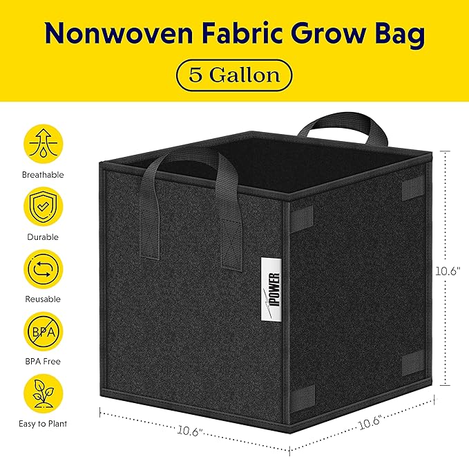 iPower 15 Pack 5 Gallon Square Plant Grow Bags Thick Fabric Pots with Handles for Indoor and Outdoor Garden, Black