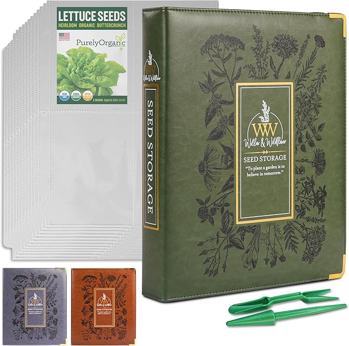 Willow and Wildflower Garden Seed Organizer Binder, Seed Storage Organizer, Garden Binder Book for Packet Storage Catalog Can Store 120 Packets with Dibber and Widger (Moss Green)