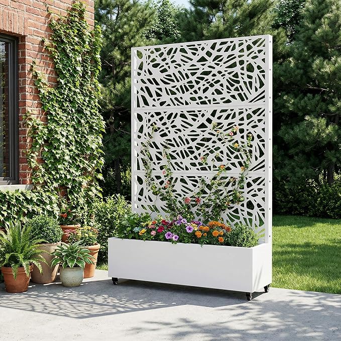 Casaphoria Metal Raised Garden Bed with Trellis and Wheels, 72"x47"x16" Arched Planter Box for Climbing Plants, Vegetables & Vines, Features Drainage Holes and Privacy Screen, White-Net