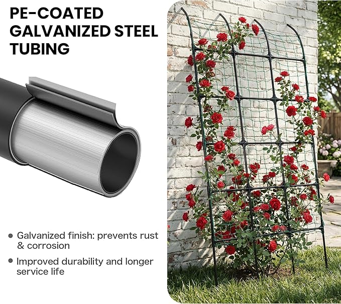 7.2ft Leaning Garden Trellis, No-Drill Lean-to Design for Climbing Plants | PE-Coated Galvanized Steel Plant Support for Flowers & Vegetables, Rust-Proof & Space-Saving Vertical Gardening