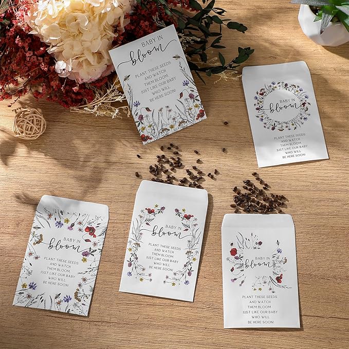 Fumete 25 Pcs Baby in Bloom Seed Packet Favors Baby Shower Wildflower Kraft Self Adhesive Envelopes Mini Organizer for Garden Office Gift Party Favors, No Seeds, 5 Styles