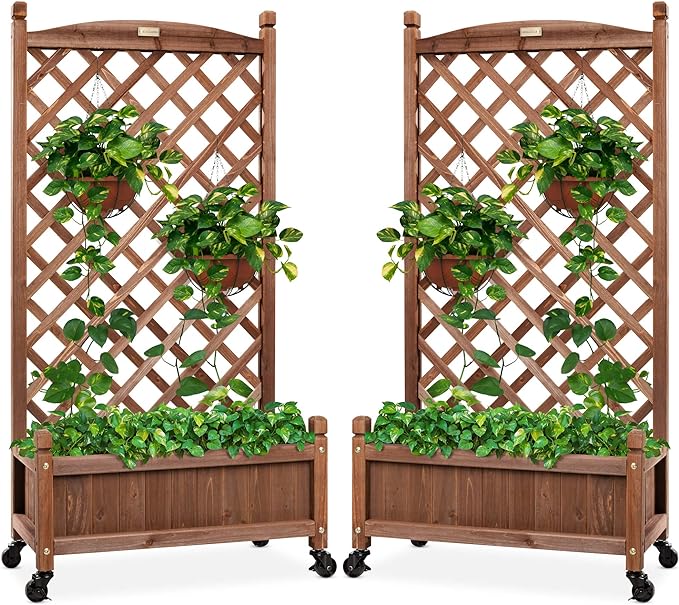 Best Choice Products Set of 2 48in Wood Planter Box & Diamond Lattice Trellis, Mobile Outdoor Raised Garden Bed for Climbing Plants w/Drainage Holes, Optional Wheels - Walnut