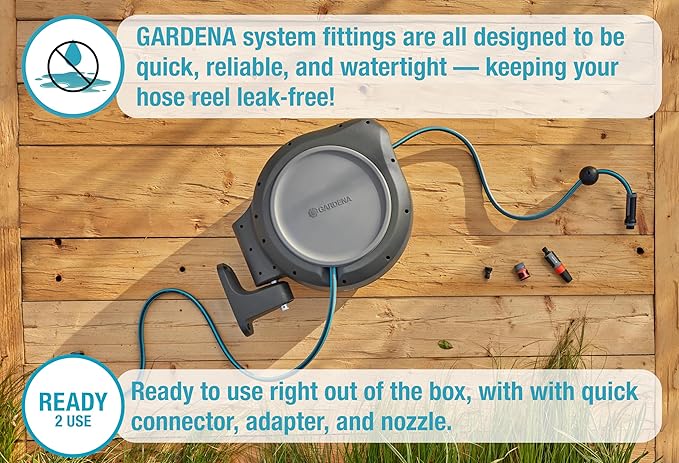 GARDENA (20500) Retractable Garden Hose Reel 50' x 1/2" hose, Wall Mounted, Automatic Retraction & Length Lock for Easy Watering. Heavy Duty Swivel Bracket 180°, Includes Nozzle. Made in Europe