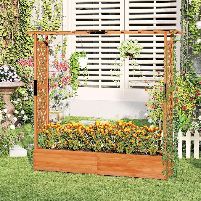 S AFSTAR 77-Inch Raised Garden Bed with Arch Trellis, Hanging Roof & Drainage Holes, Vertical Plant Container for Vine Climbing Plant Flower, Indoor Outdoor Wood Elevated Planter Box for Garden