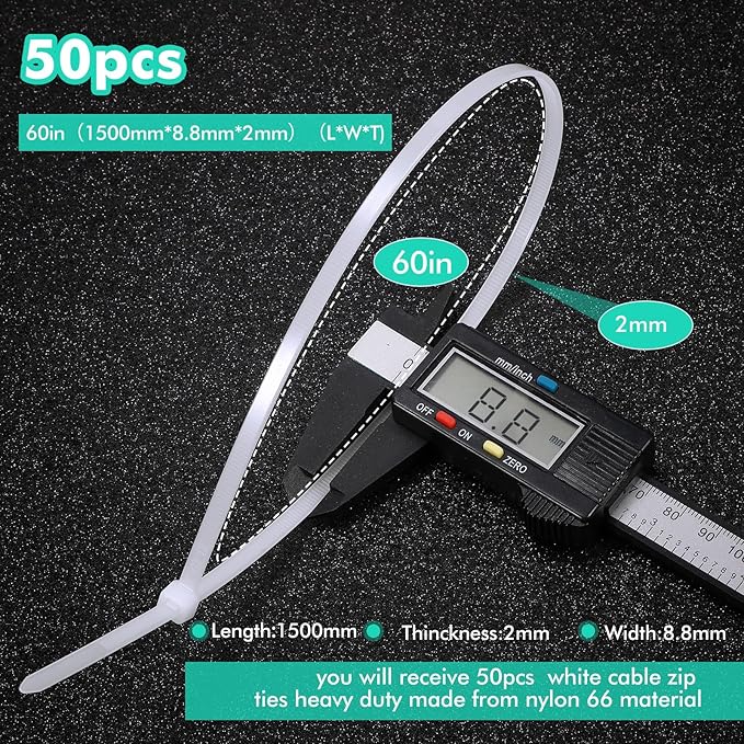 Shappy 50 Pcs Zip Ties Heavy Duty Strong Large Cable Wire Ties Zip Industrial Sturdy Wire, Awnings Tying Branches Bundling of Crops Fixed Water Pipes(60 Inch,White)