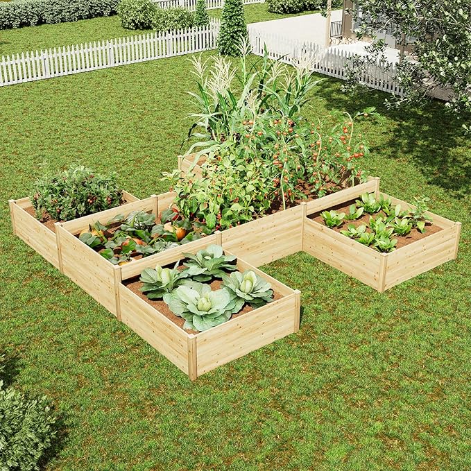 Jocisland H-Shaped Raised Garden Bed, 12x12x2 ft, 180 cu. ft Capacity, Double-Layer Wooden Planter Box for Outdoor Patio Garden