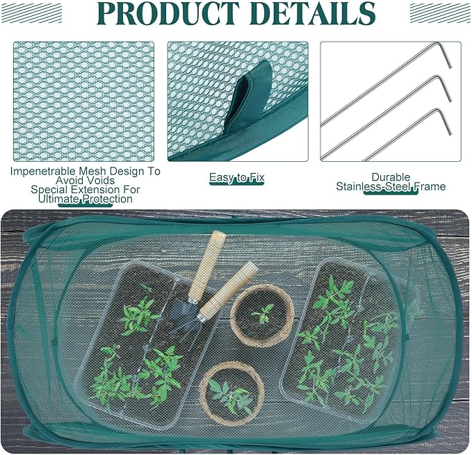 2 Pcs 39" x 18" x 16" Pop up Garden Rows Plants Cover Vegetable Mesh Plant Protector Net Cage Guard with Ground Nails for Protecting Vegetable Fruit Seedling from Animal (Dark Green)