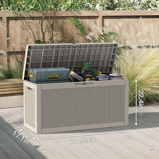 Mars Villa 60 Gallon Outdoor Storage Bench, Deck Box Waterproof Outside Resin Storage Bin for Outdoor Patio Furniture Cushion, Pool Supply, Garden Tool, UV-Resistant and Weatherproof, Rattan Greige