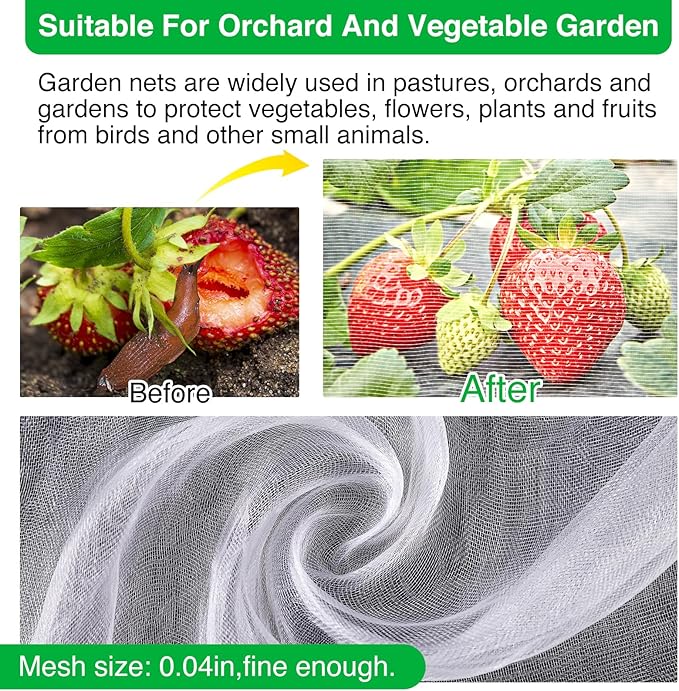 Garden Mesh Netting Kit, 10 * 25FT Ultra Fine Plant Netting Mesh Covers，Row Cover Net Protection for Tree Fruit Barrier Vegetable Fruits Flowers Shrubs Plant Covers Net