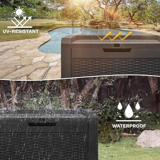 32 Gallon Indoor Outdoor Storage Box, Resin Rattan Small Deck Box for Patio Furniture, Cushions, Garden Tools, Sports Equipment,Black