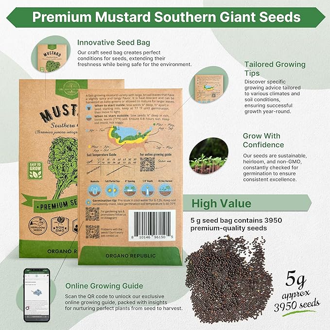 Organo Republic Mustard Southern Giant Seeds Pack 5 G - Over 3,950 Non-GMO Heirloom Mustard Seeds for Planting Greens in Individual Seed Packet, Greens Seeds for Planting Home Garden Indoor & Outdoor