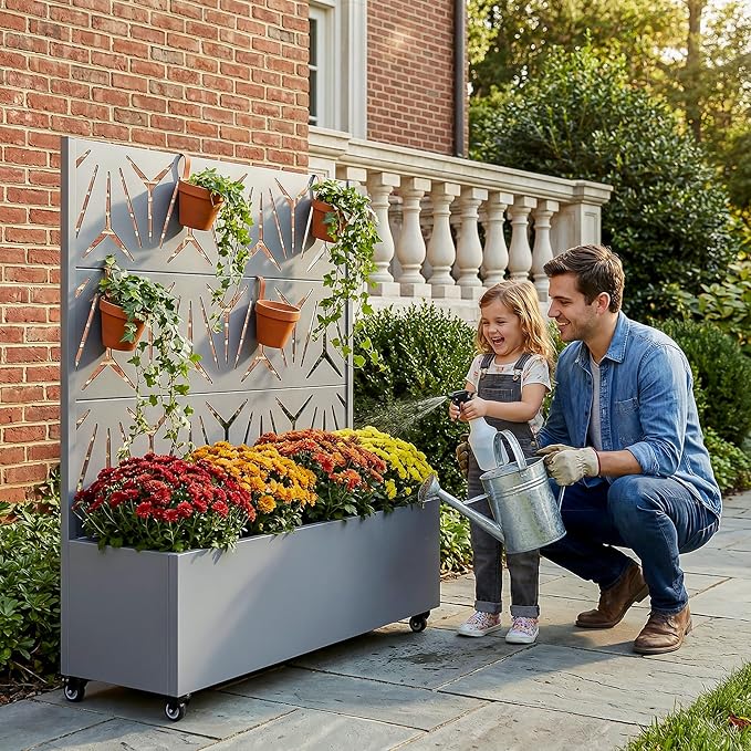 Casaphoria Metal Raised Garden Bed with Trellis and Wheels, 47"x47"x16" Planter Box for Climbing Plants, Vegetables & Vines, Features Drainage Holes and Privacy Screen, Grey-Star