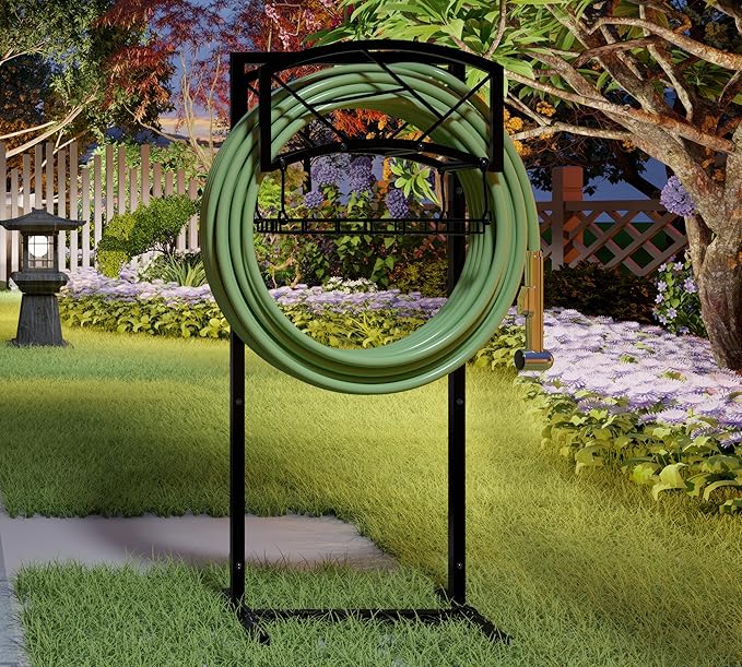 Fire Beauty Heavy-Duty Portable Garden Hose Holder with Storage Basket,80+ lbs Capacity, Modern Geometric Design, Holds 180ft 1/2" Hose,Dual Support Rods & Rustproof Screws