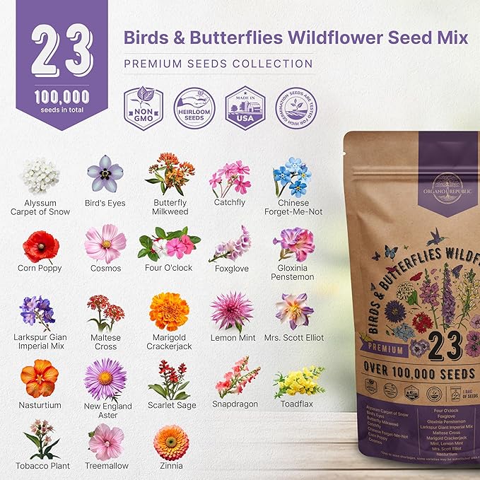 Organo Republic 23 Wildflower Seeds Annual & Perennial Mix for Indoor & Outdoors, Attract Birds & Butterflies 100,000+ Non-GMO, Heirloom Garden Seeds, 4oz Packet for Growing Wild Flowers (Pack of 2)