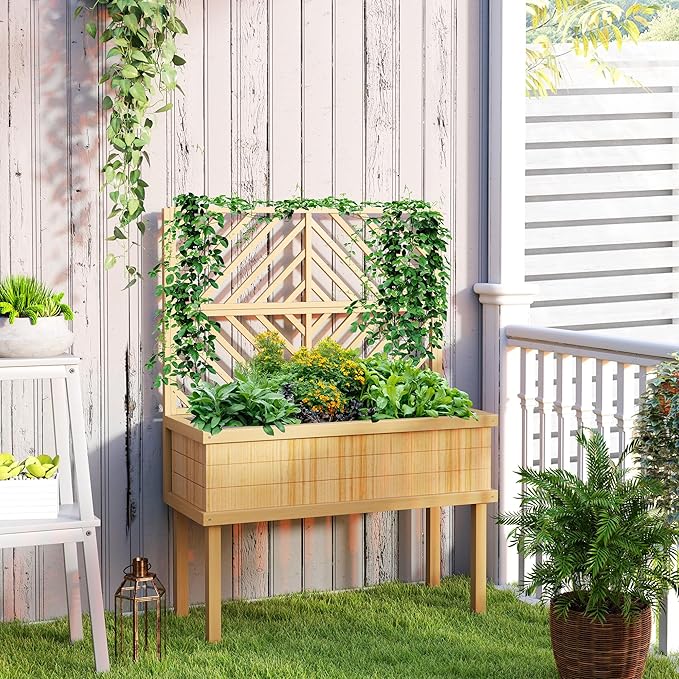 Outsunny Raised Garden Bed with Trellis for Climbing Plants, Vegetable, Grape Vines, Elevated Planter Box with Legs, Drainage Holes and Filter for Outdoor Garden, Patio, Natural Wood