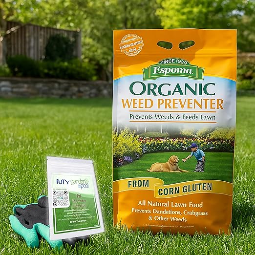 MYGP Organic Weed Preventer 25 lb – Natural Lawn Fertilizer & Weed Control – Corn Gluten Meal Granules – Includes Gardening Claw Gloves & Soil pH Test Strips – Covers 1,250 sq ft
