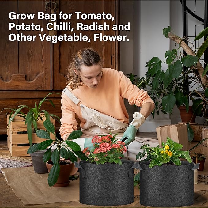 HealSmart Plant Grow Bags 5 Gallon, Tomoato Planter Pots 10-Pack with Handles, Aeration Nonwoven Fabric, Heavy Duty Gardening Planter for Vegetable, Herbs and Flowers, Black