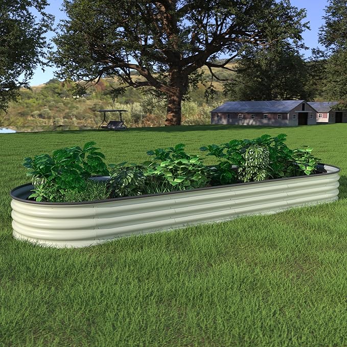 VEIKOU 8×2x1FT Galvanized Raised Garden Bed, Planter Box with 9 in 1 Modular, Garden Bed for Outdoor Vegetables, Flower, Beige