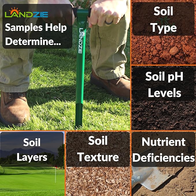 Landzie Lawn & Garden Care Kit - 24 Inch Mesh Push Spreader and 20 Inch Steel Soil Sampler Probe - Test Grass Plugs and Spread Topdressing - Multi-Purpose Compost, Peat Moss, Topsoil (24 Inches)