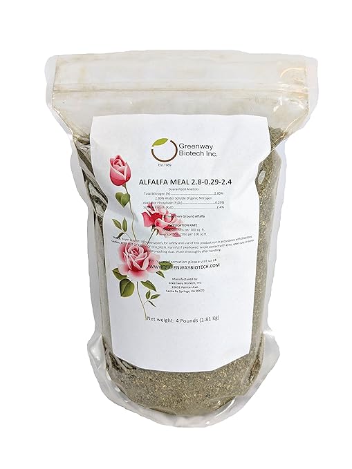 Greenway Biotech Organic Alfalfa Meal Fertilizer 2.5-0-2.5 | Rose & Vegetable Plant Food with Triacontanol Growth Stimulant | Non-GMO, Phosphorus-Free | 4 Pounds
