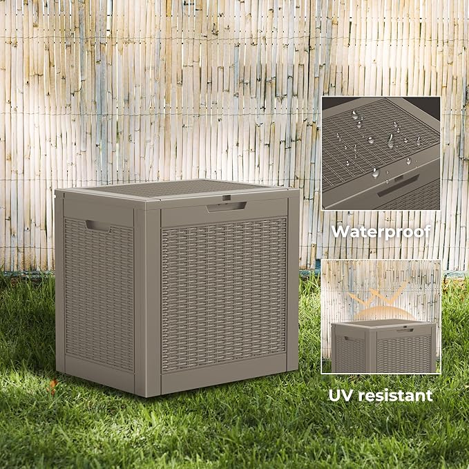 Vixzen 31 Gallon Resin Deck Box - Lockable Outdoor Storage for Patio Cushions, Garden Tools, Pool Supplies（Grey，31 Gallon）