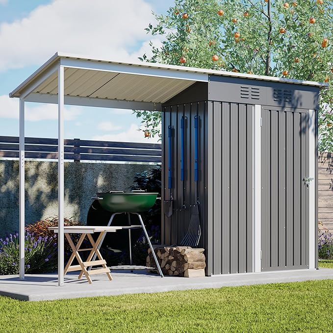Waterproof 9.6'x2.3' Storage Shed with Gazebo Porch, Heavy Duty 2-in-1 Lean-to Tool Storage Garden House with 5'x2.3' Open Shed, Lockable Door for Patio, Backyard, Lawn, Metal, Gray