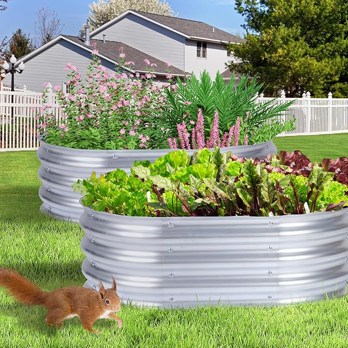 Aoodor 2PCS Galvanized Raised Garden Bed Kit, 3 x 2 x 1 Ft, Oval Planter Boxes for Vegetables, Flowers, and Herbs, Outdoor Use, Silver