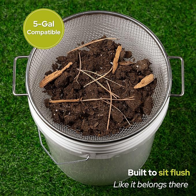 Round Soil Sifter for 5-Gallon Bucket (1/8-inch Mesh), Stainless Steel Garden Sieve with Handles