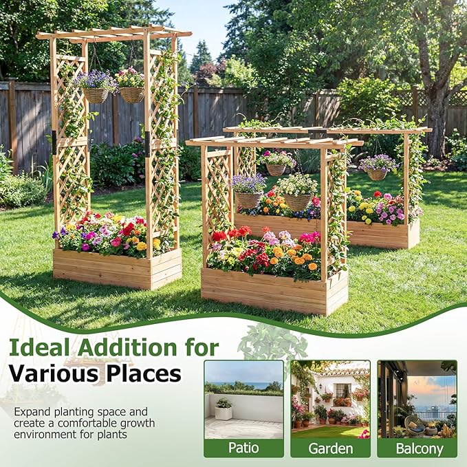 HAPPYGRILL Raised Garden Bed with Trellis, 2 Freestanding 45" Wood Planter Box w/Hanging Roof & 8 Drainage Holes for Vine Climbing Plants Flowers, Outdoor Wood Elevated Garden Bed for Patio Yard