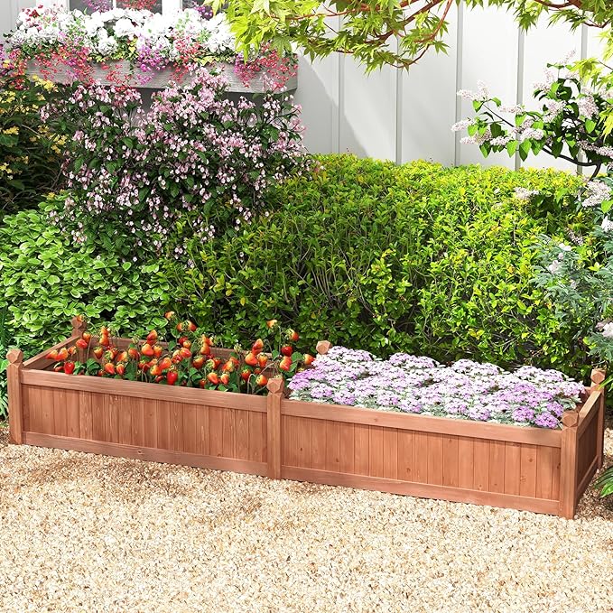 Giantex Wood Raised Garden Bed, Planting Bed with Corner Drainage, Non-Woven Liner for Growing Vegetables, Flowers, Herbs, Fruits, 89”x23.5”x16” Divisible Planter Box for Backyard, Garden, Lawn