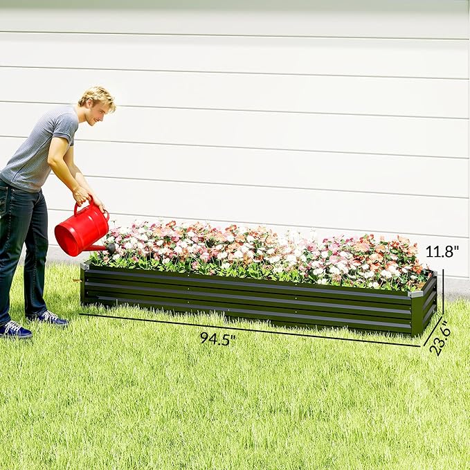 Outsunny 8 x 2 x 1ft Galvanized Raised Garden Bed Kit, Outdoor Metal Elevated Planter Box with Safety Edging, Large Raised Bed for Growing Flowers, Herbs and Vegetables, Dark Gray