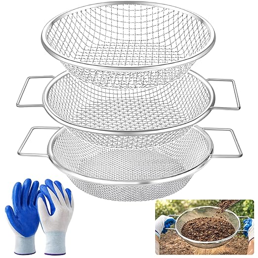 Soil Sifter for Gardening 3Pcs Compost Sifter 3 Mesh Sizes 1/8" 1/4" 3/8"Heavy Duty Dirt Sieve Fits 5 Gallon Buckets Garden Sifter with Handle for Rocks Dirt and Organic Material