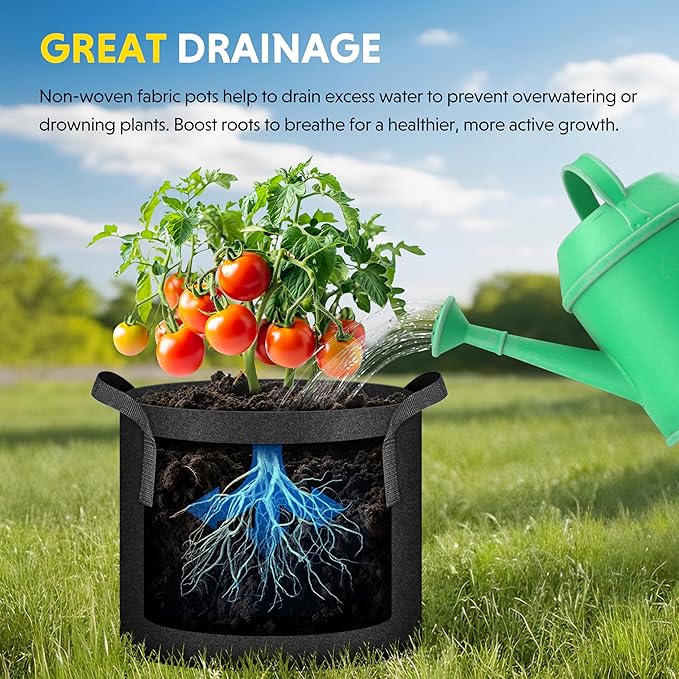 iPower 3 Gallon 5 Pack Grow Bags Nonwoven Fabric Pots Aeration Container with Strap Handles for Garden and Planting, 5-Pack Black, 3 Gallon