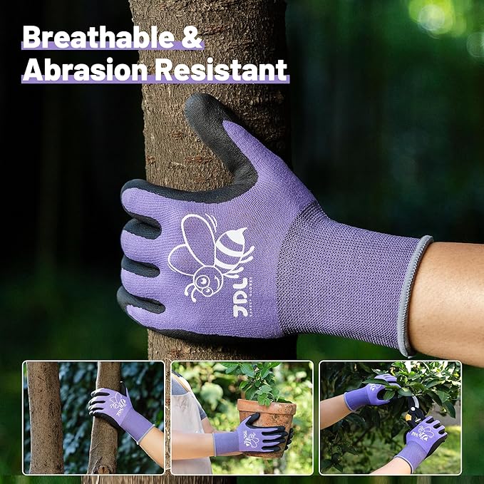 JDL 3 Pairs Nylon Nitrile Coated Gardening Gloves for Women, Touchscreen Yard Garden Gloves, Breathable Safety Work Gloves with Grip, Purple, Medium