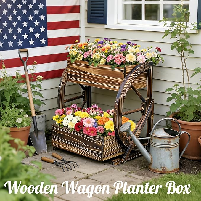 Wooden Wagon Garden Planter Box with Wheels-Indoor/Outdoor Decor for Patio, Backyard, Balcony-Country Farmhouse Flower Box-2 Tier Rustic Garden Raised Bed for Flowers, Herbs, Vegetables