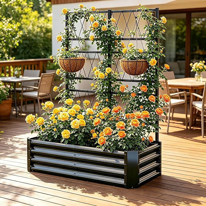 Galvanized Raised Garden Bed with Trellis for Climbing Plants Outdoor,Metal Vertical Garden Planter Box with Trellis,Heavy Duty Elevated Garden Bed for Vegetables Tomatoes Cucumbers Flowers Herb,Black