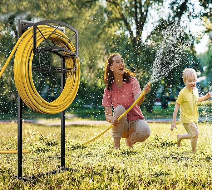 Fire Beauty Heavy-Duty Portable Garden Hose Holder with Storage Basket,80+ lbs Capacity, Modern Geometric Design, Holds 180ft 1/2" Hose,Dual Support Rods & Rustproof Screws