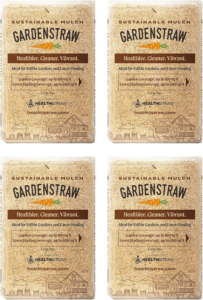 GardenStraw, 3 cu ft (20 lbs) Pack of 4 – All-Natural Mulch for Gardens, Vegetables & Lawn Seeding – Water-Conserving Wheat Straw – Thoroughly Cleaned, Sustainable