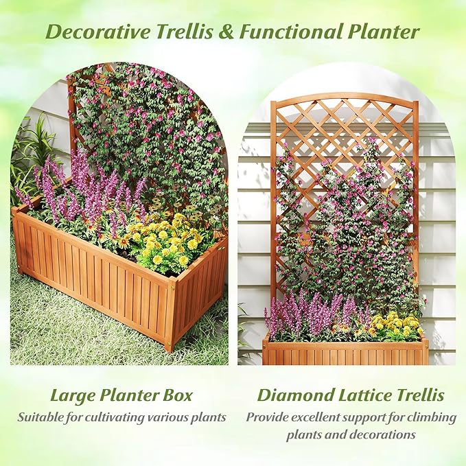 Giantex Solid Acacia Wood Planter Box with Trellis, 63" Raised Garden Bed with Trellis, Plant Box, Slat Base, Outdoor Privacy Planter for Vine Climbing Plants Flowers, Garden, Patio, Balcony