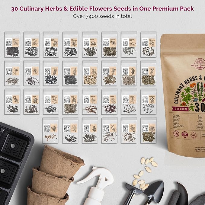 Organo Republic 30 Culinary Herbs & Edible Flower Seeds Variety Pack- Indoor/Outdoor. 7400+ Non-GMO Heirloom Flower Seeds: Basil, Borage, Echinacea, Lavender, Oregano, Rosemary Seeds & More