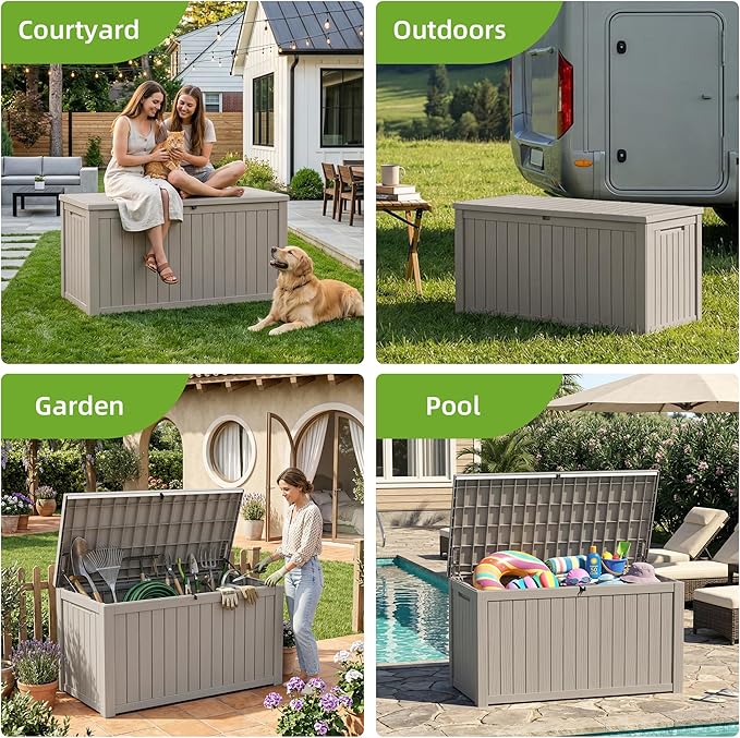 200 Gallon Outdoor Storage Deck Box Waterproof Resin Lockable Outside Bench Porch Patio Furniture Pool Float Garden Tool Cushion UV Resistant Bin Beige