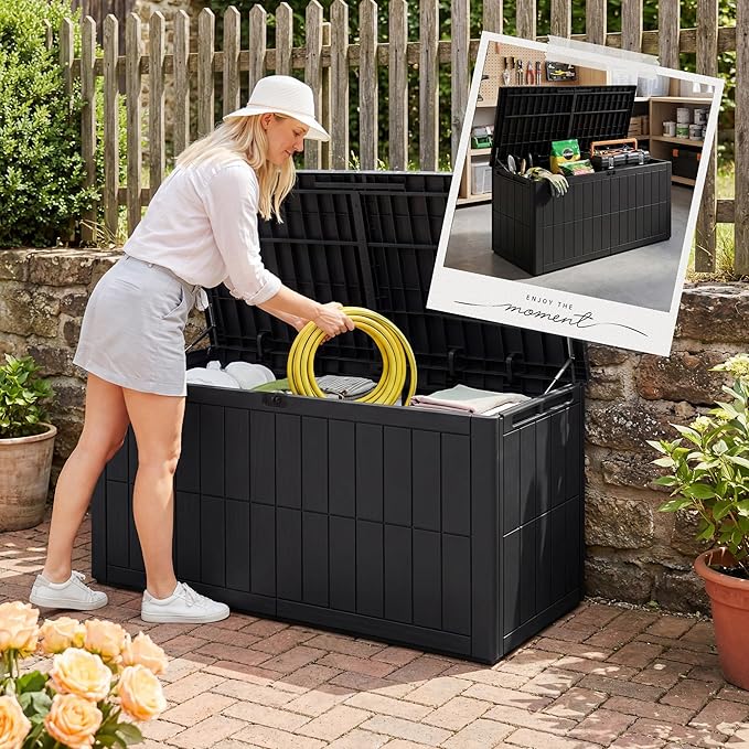 UDPATIO 100 Gallon Deck Box, Outdoor Storage Box Lockable Waterproof Resin, Indoor Outdoor Storage Container for Patio Cushions, Garden Tools,Package Delivery Boxes for outside