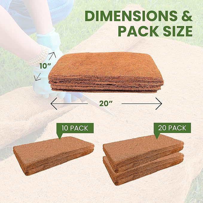 Envelor Coco Coir Fiber Grow Mat for Microgreens 10 x 20 Inches Coconut Coir Seed Starter Liner for Growing Trays, Hanging Baskets, Seed Starter Tray, Planter Sheets & Indoor Outdoor Plants, 10 Pack