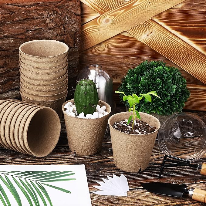60 Set Plant Seeding Pots with Humidity Dome, 3 Inch Brown Biodegradable Seed Starter Pots, Plant Nursery Pots with Plant Labels for Seedlings, Garden Vegetable Germination