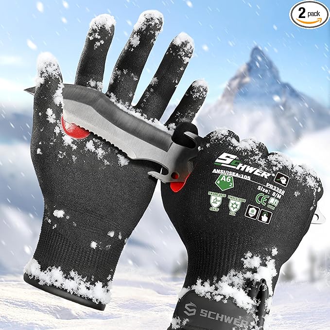 Schwer FreezeGuard Winter Work Gloves for Men and Women, ANSI A6 Cut Resistant Gloves With Super Grip, Freezer Glove for Work, Touchscreen, Thermal Insulated, PR3388, Black Knight (M, 2 Pairs)