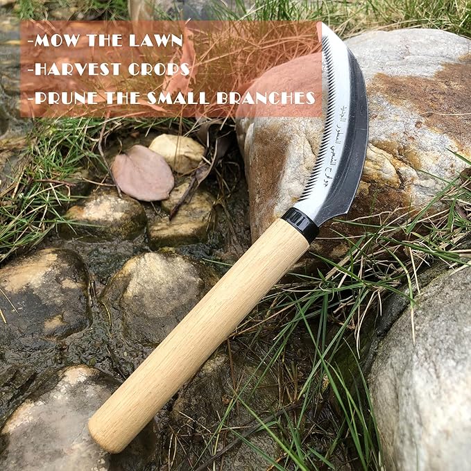 SHANFEEK Grass Sickle with Sawtooth Japanese Weeding Hoe Weeding Tools for Garden High Toughness Stainless Steel with Hard Solid Wood Handle(Beige)