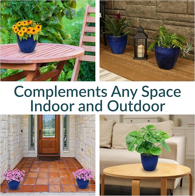 Sunnydaze Resort Round Ceramic Planter - Set of 2 Indoor or Outdoor Plant Pots with Drainage Hole - 8" - Imperial Blue Glaze