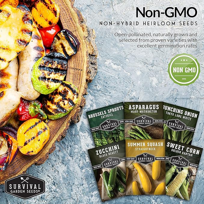 Survival Garden Seeds - Barbecue Vegetables Collection Seed Vault for Planting - Asparagus, Brussels Sprouts, Green Onion, Zucchini, Yellow Squash, & Sweet Corn Packs - Non-GMO Heirloom Varieties