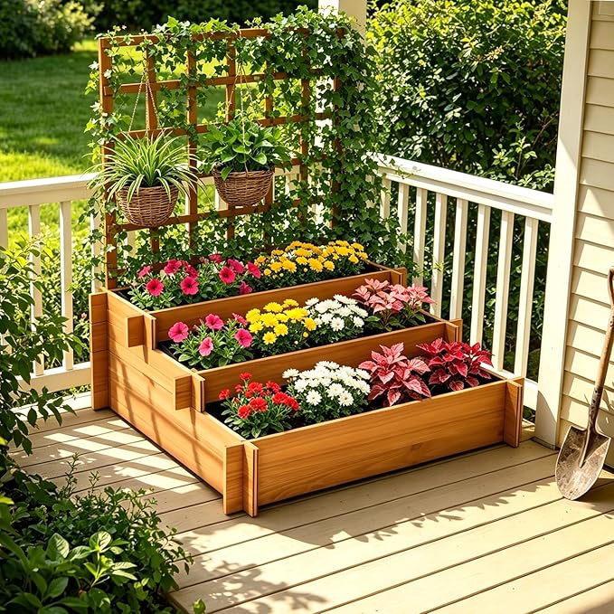 3-Tier Raised Garden Bed with Trellis, 43.3" H Fir Wood Planter Box with Non-Woven Liner, Vertical Climbing Plant Support for Patio Yard, Outdoor Grow Beds for Flowers Herbs Vegetables Fruits